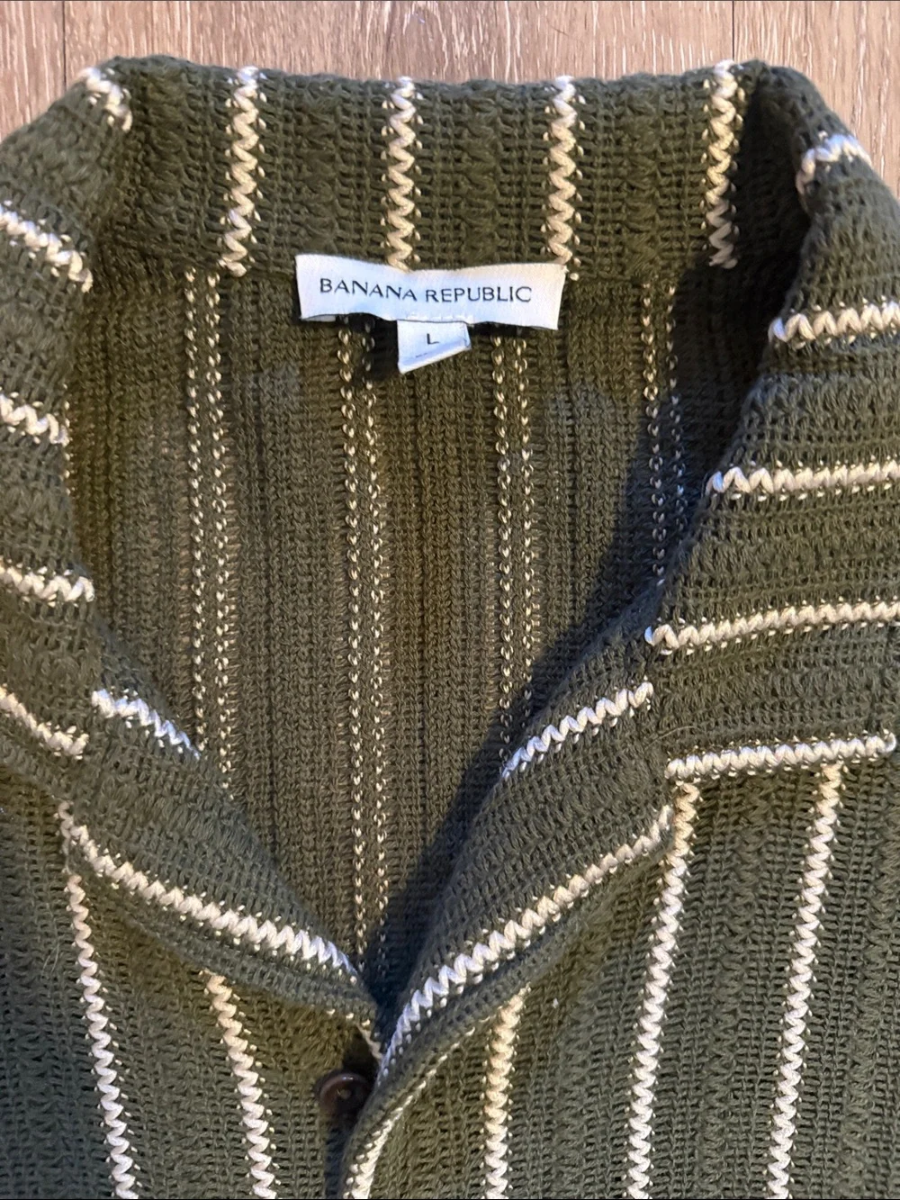 Banana Republic Men's Olive Green Striped Short-Sleeve Knit Shirt. Short Length